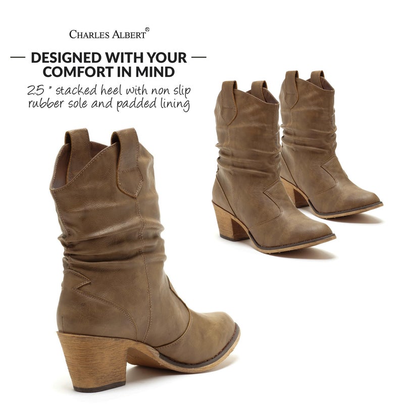 Charles Albert Modern Western Cowboy Boots for Women Ladies Stacked Heel Ankle Cowgirl Boots with Pull-Up Tabs in Mocha Size 11 - Image 2